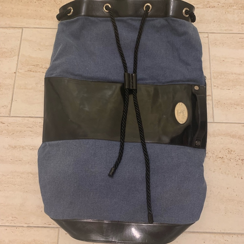 CELINE  Vintage backpack  .. Denim with black patent Leather